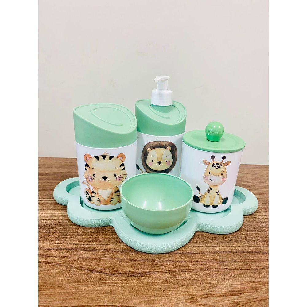 Kit Higiene Leão, Girafa, Tigre Verde C/Bandeja Nuvem Verde