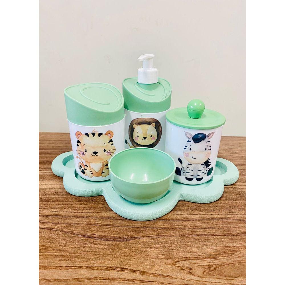 Kit Higiene Leão, Tigre, Zebra Verde C/Bandeja Nuvem Verde