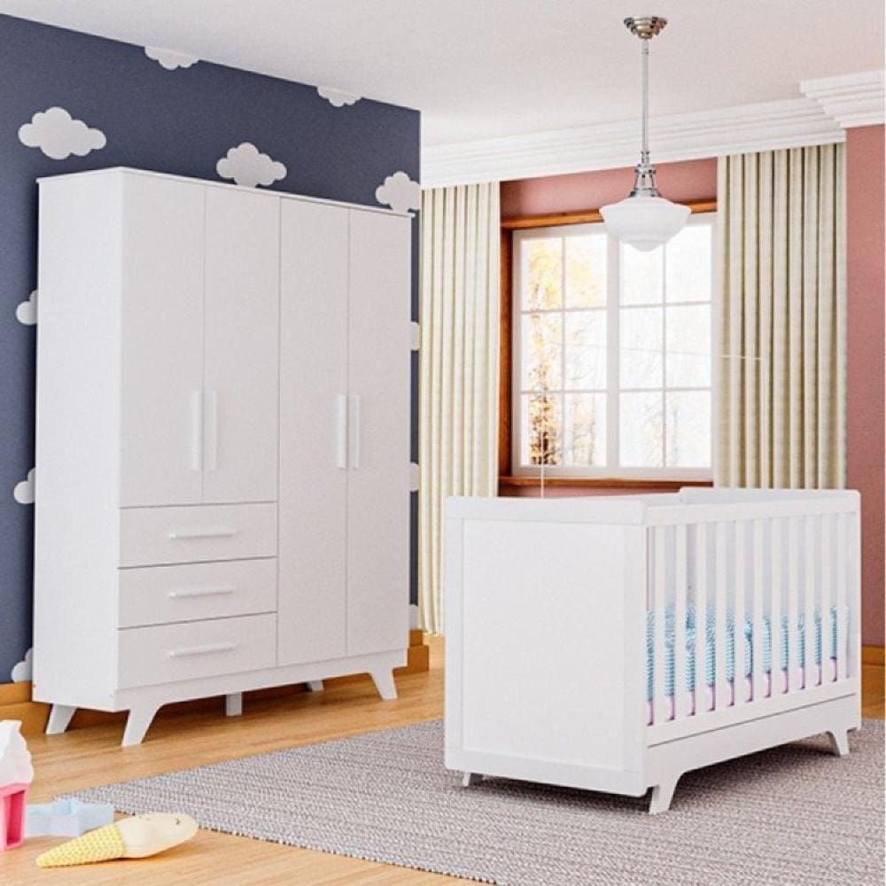 Quarto de Bebê Completo Berço Retrô com Guarda Roupa 4 Portas 3 Gavetas Móveis Peroba Branco Brilho