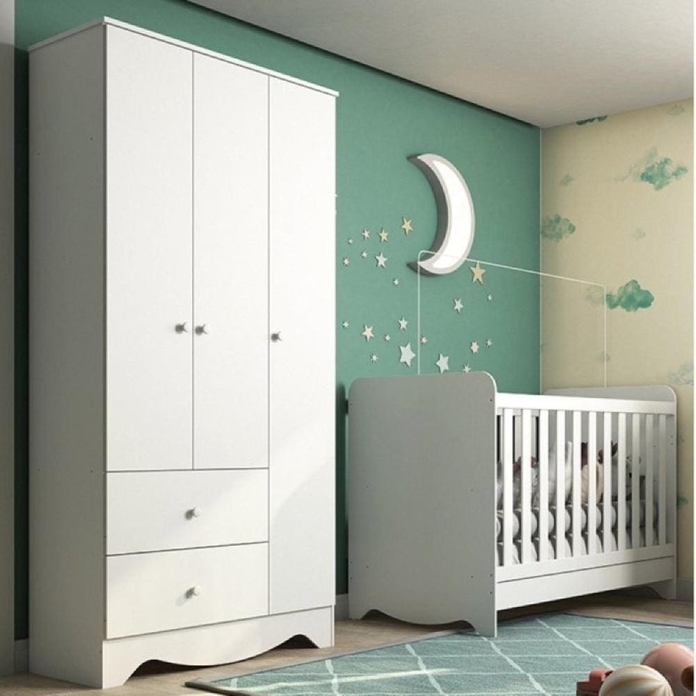 Quarto de Bebê com Berço Americano 3 em 1 e Guarda Roupa 3 Portas 2 Gavetas Ben Móveis Peroba Branco Brilho