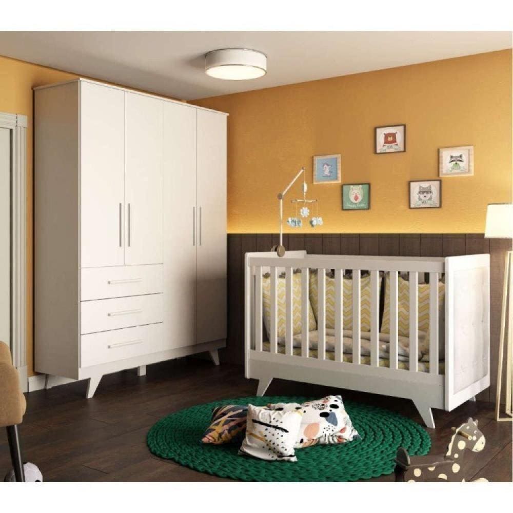 Conjunto para Quarto de Bebê com Guarda Roupa e Berço com Capitone Retrô Móveis Peroba Branco Brilho/Corino Branco