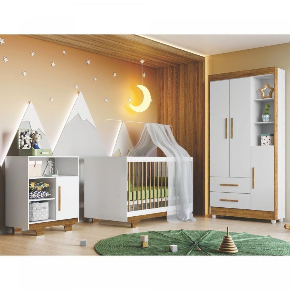 Quarto de Bebê 100% MDF com Berço Minicama, Cômoda e Guarda Roupa 3 Portas Flocos Branco/Ypê