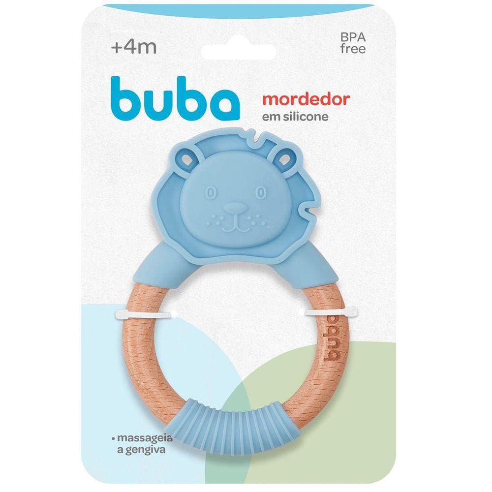 Mordedor E Massageador Em Silicone E Bambu Leão Azul Buba