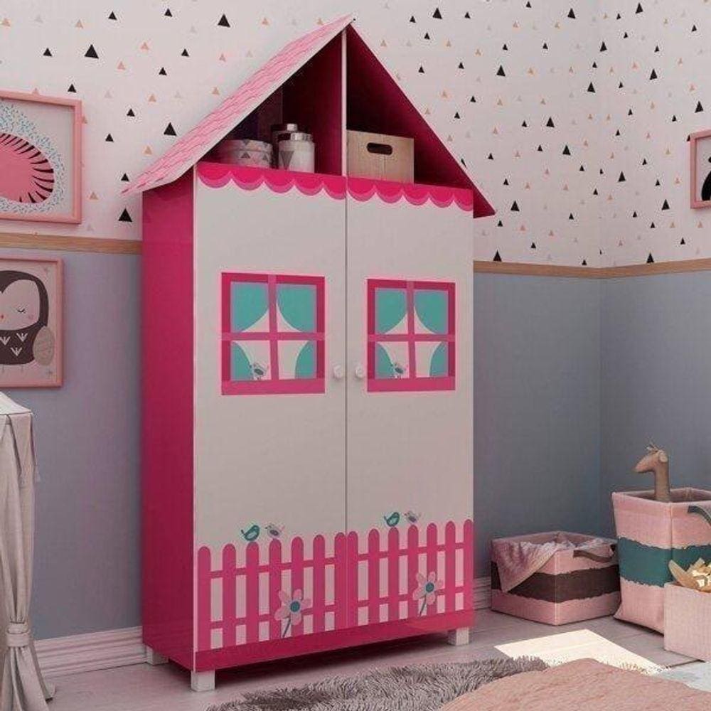 Guarda Roupa Infantil Casinha Com Pés Pink Ploc/Branco
