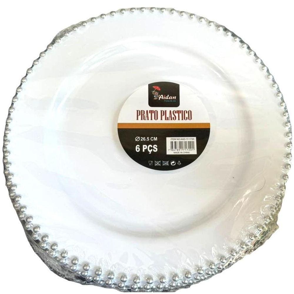Prato De Jantar Acrílico Borda Bolinha Prata 26Cm -Kit 12Un