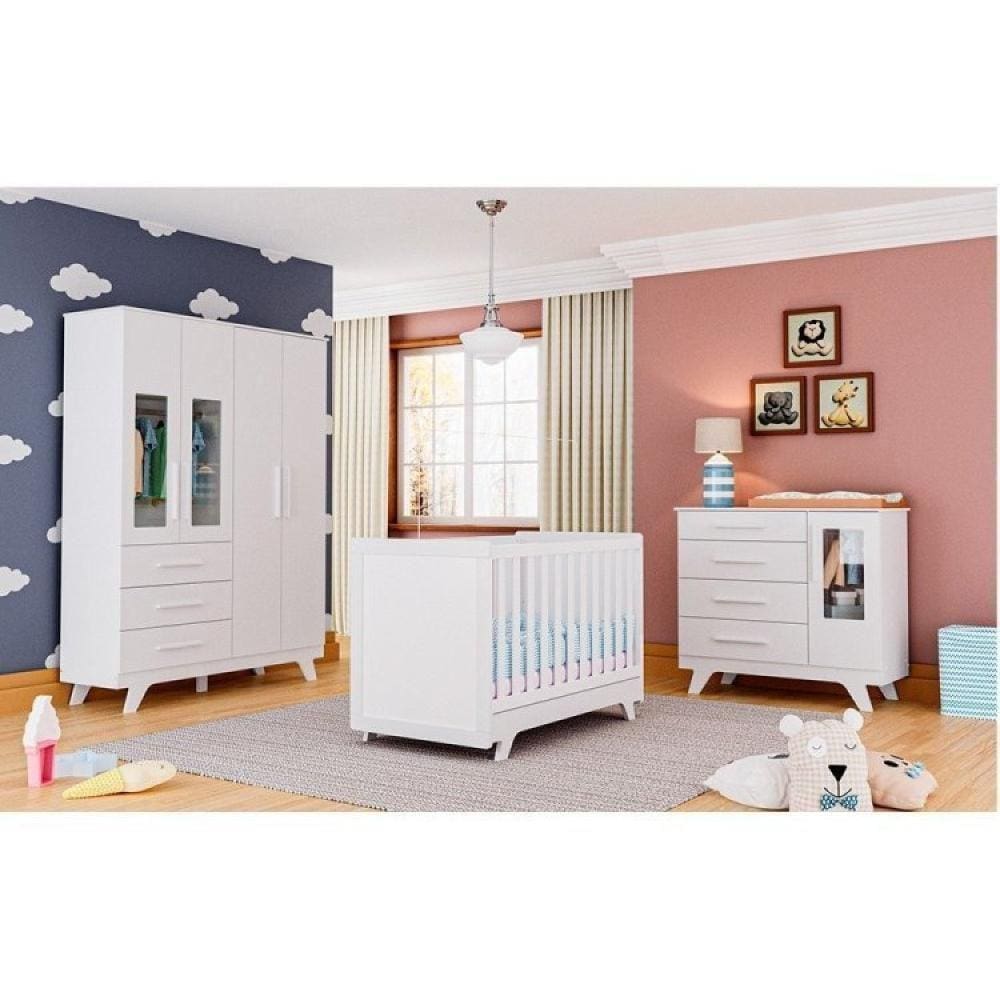 Quarto de Bebê Completo Berço Retrô Cômoda Guarda Roupa com Janela Móveis Peroba Branco Brilho