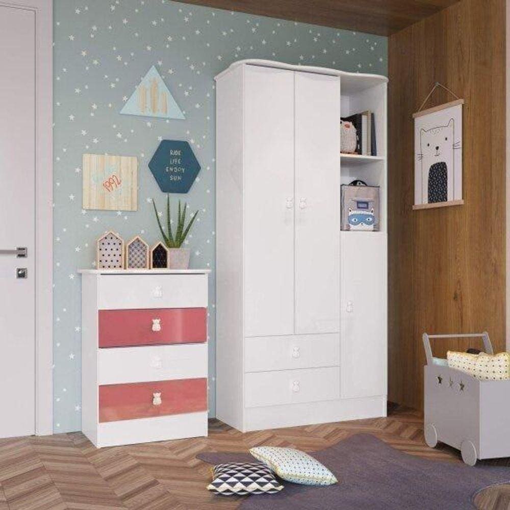 Quarto de Bebê Completo com Guarda Roupa e Cômoda 377005 Espresso Móveis Branco/Rosa