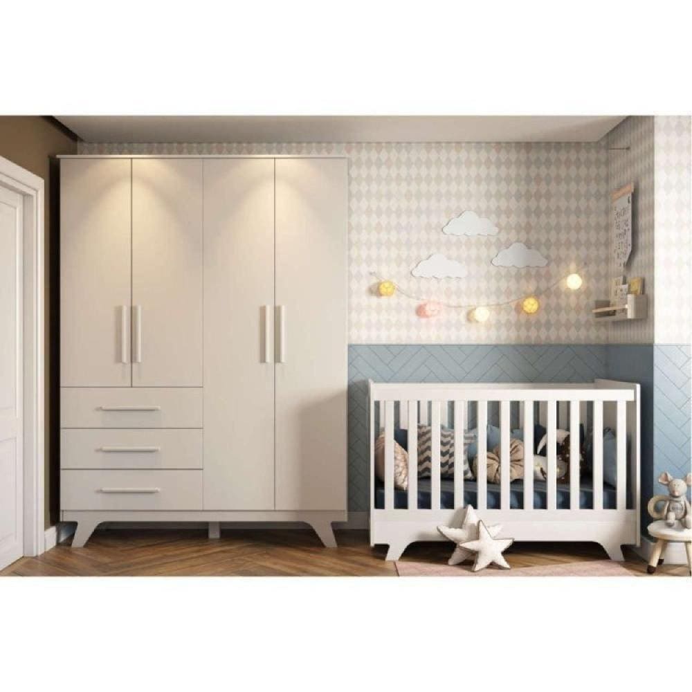 Conjunto para Quarto de Bebê com Guarda Roupa 4 Portas 3 Gavetas e Berço Retrô Móveis Peroba Branco Brilho