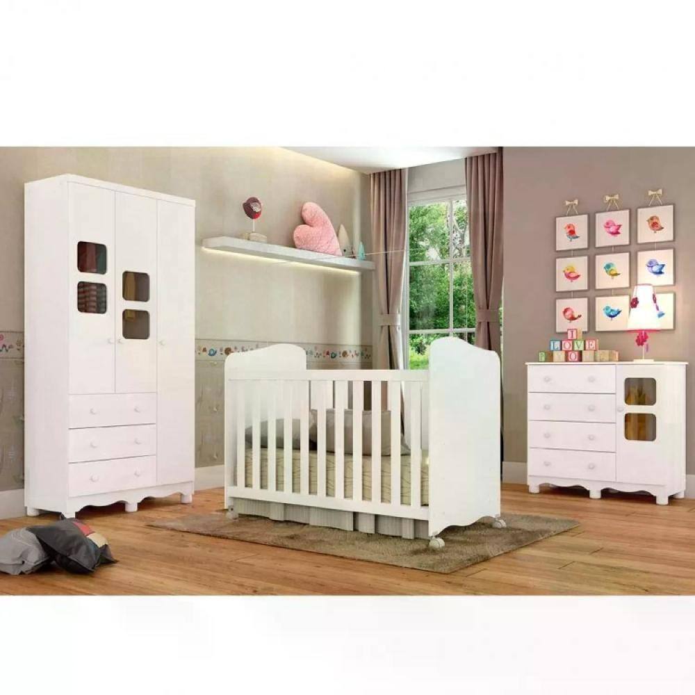 Quarto de Bebê Completo com Guarda Roupa Cômoda com Janela e Berço 100% MDF Uli Móveis Peroba Branco Brilho