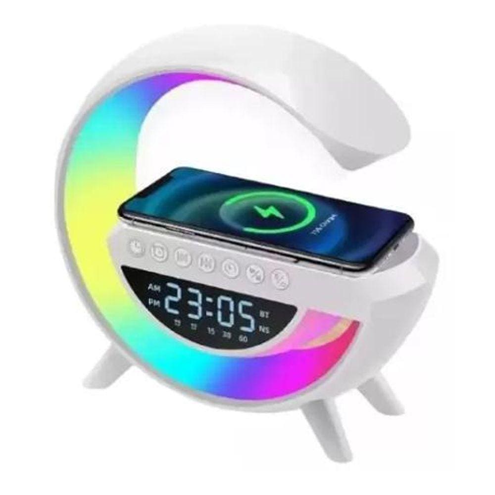 Luminária LED Carregador Indução Som RGB Relógio