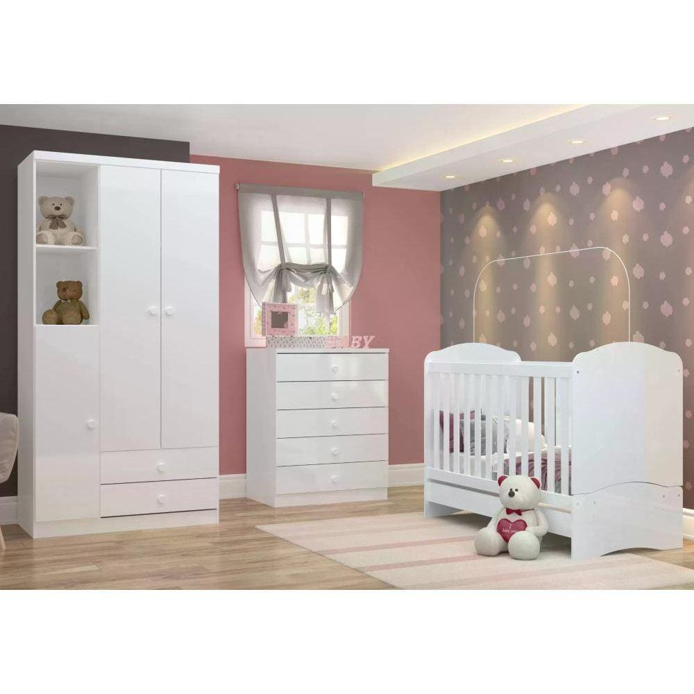 Quarto de Bebê com Guarda Roupa 3 Portas Cômoda e Berço Faz de Conta Espresso Móveis Branco/Branco/Rosa