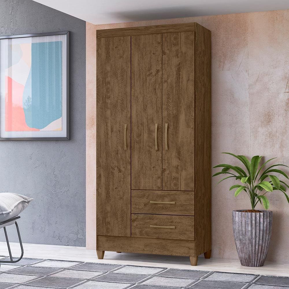 Guarda Roupa Solteiro 3 portas 2 gavetas Castanho Wood Lima - Moval