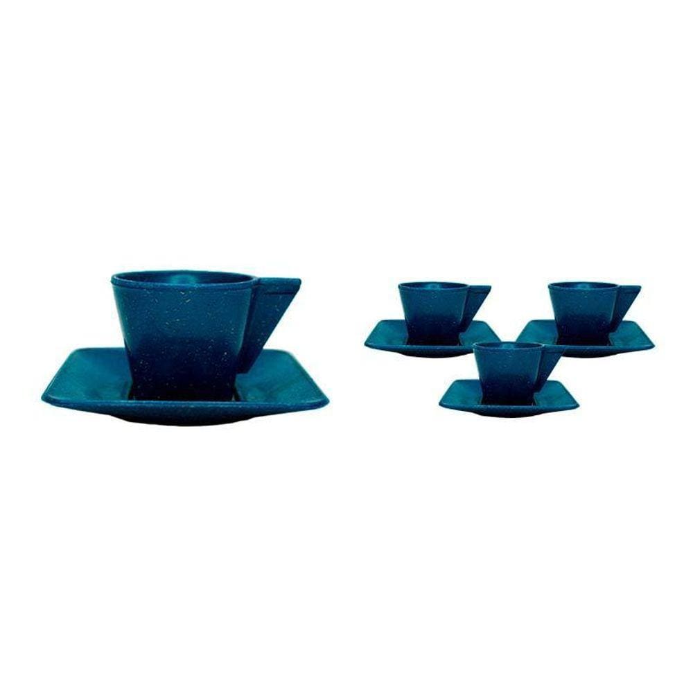 Kit 4 Xícara E Pires 50Ml Fibra Madeira Azul