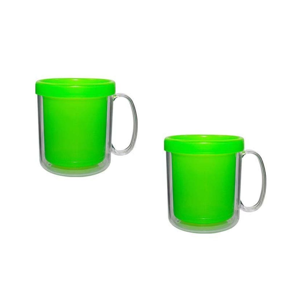 Kit 2 Canecas Térmica Cristal Verde Neon 300Ml Plástico