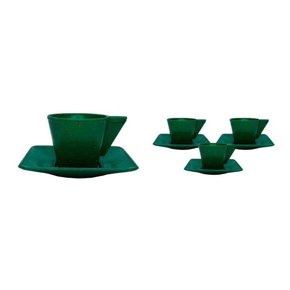 Kit 4 Xícara E Pires 50Ml Fibra Madeira Verde