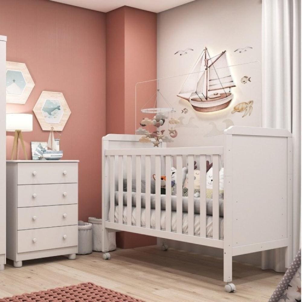 Conjunto para Quarto de Bebê com Berço 2 em 1 Cloe Cômoda 4 Gavetas Júnior Móveis Peroba Branco Brilho