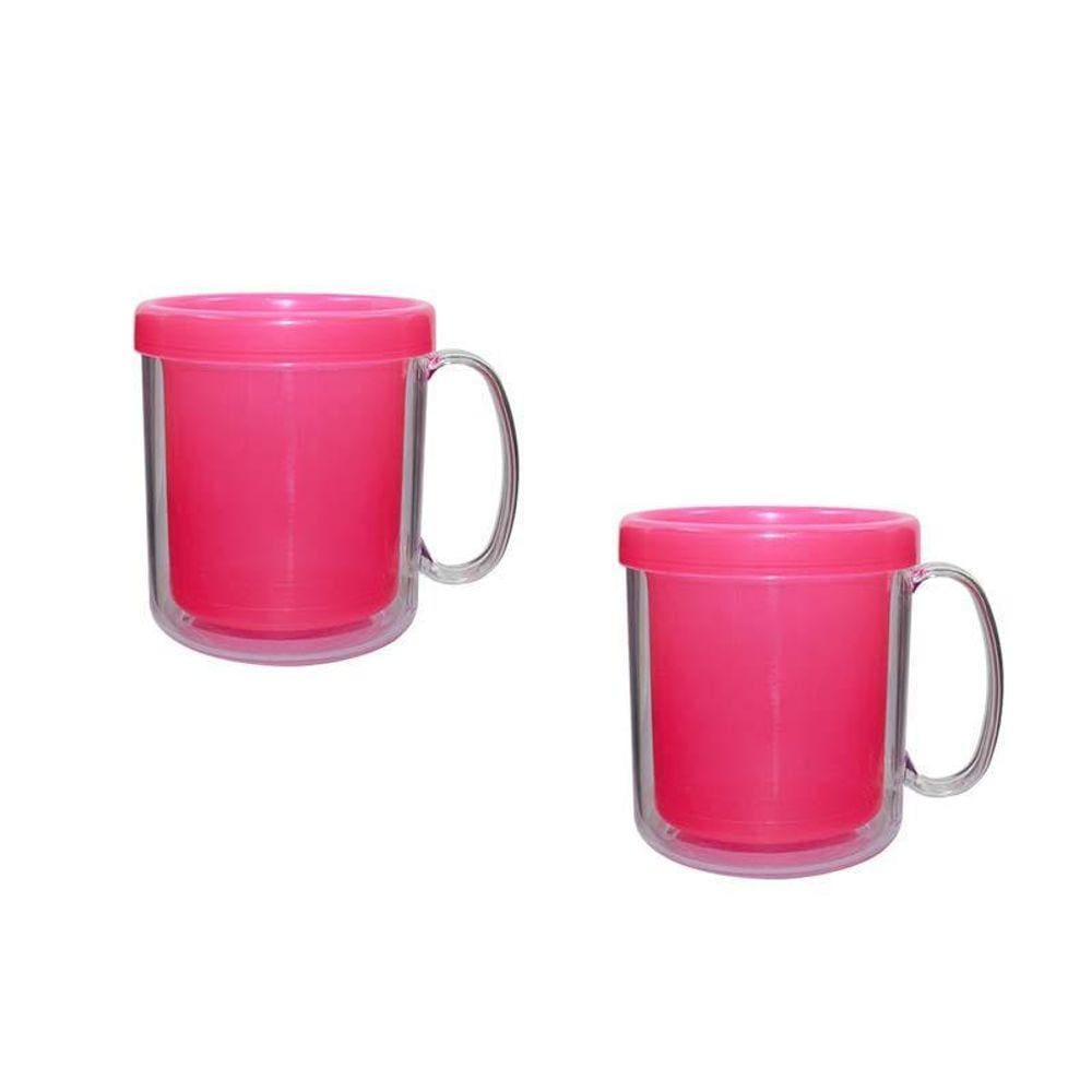 Kit 2 Canecas Térmica Cristal Rosa Neon 300Ml Plástico