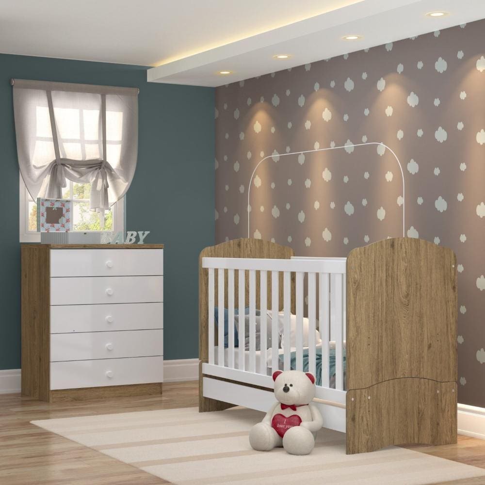 Quarto de Bebê Completo com Berço Mini Cama e Cômoda Faz de Conta Espresso Móveis Rústico/Branco
