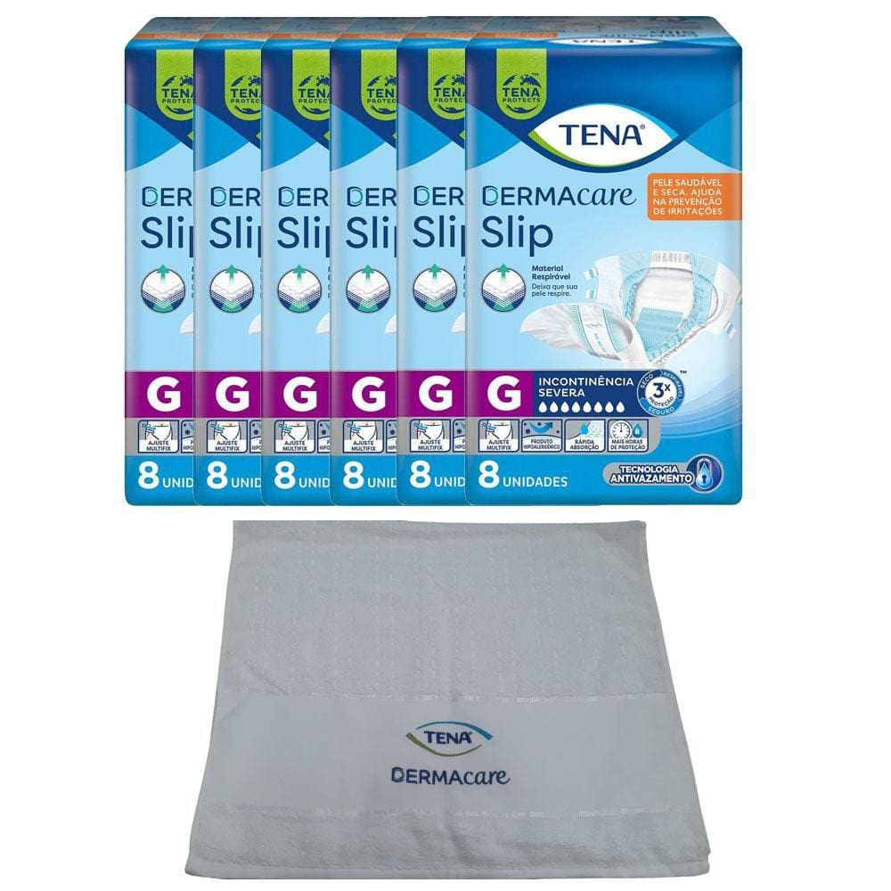 Kit 6 Fraldas Geriátricas Tena Dermacare Slip Ultra G com 8un + Toalha Dermcare Tena