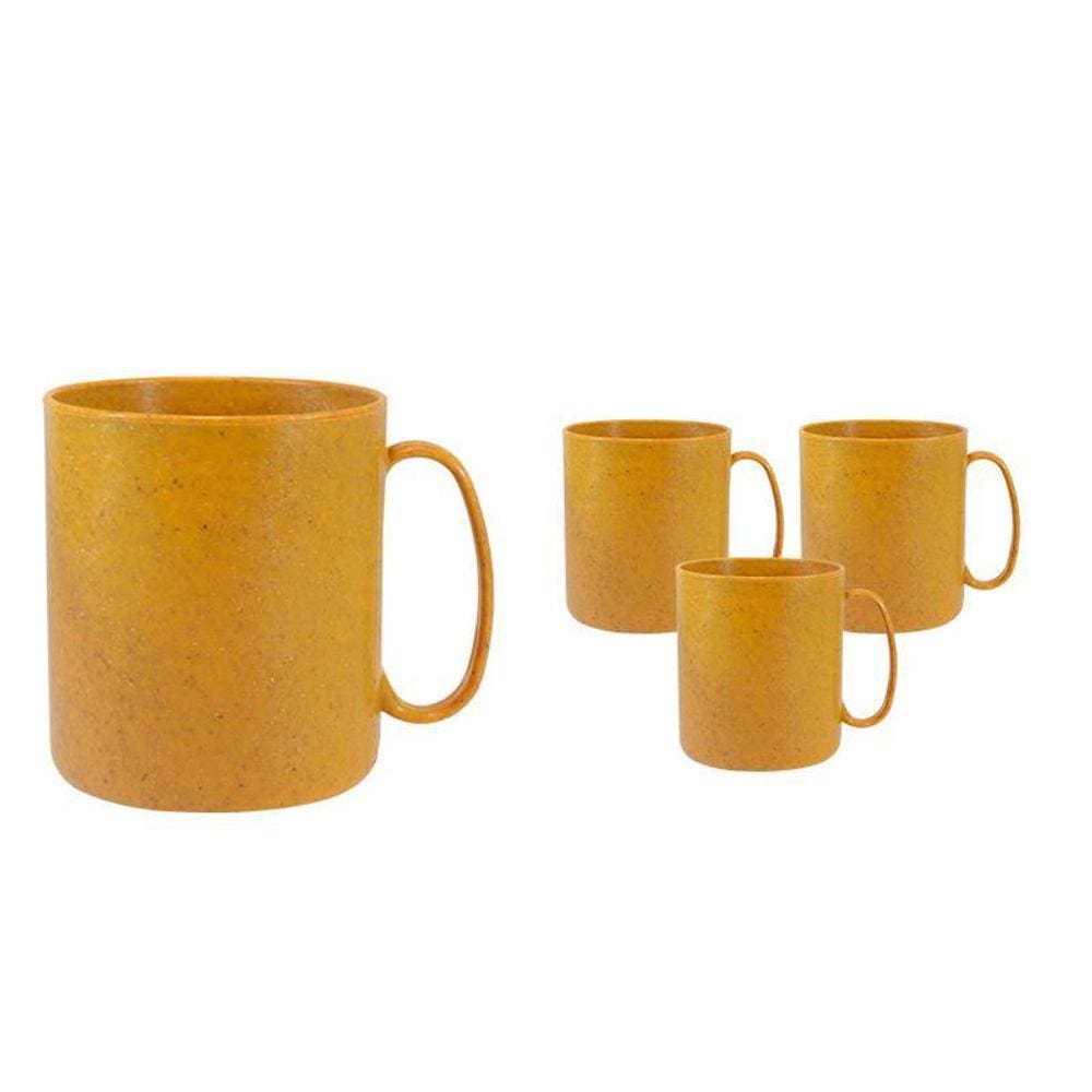 Kit 4 Canecas Redonda Fibra Madeira Amarelo 400Ml