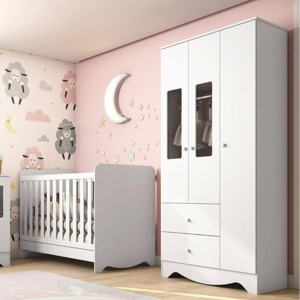 Quarto de Bebê com Berço Americano 3 em 1 e Guarda Roupa 3 Portas com Janela Ben Móveis Peroba Branco Brilho
