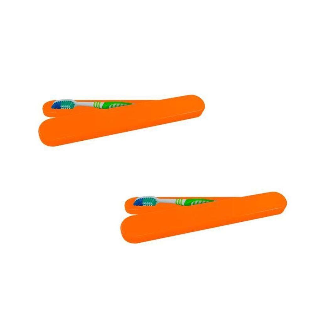 Kit 2 Porta Escova Dental Alaranjado Plástico