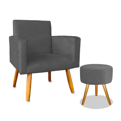 Poltrona Cadeira Decorativa Cinza Puff Cinza Extra