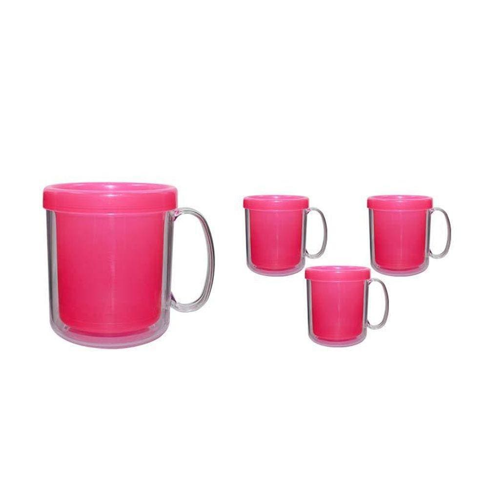 Kit 4 Canecas Térmica Cristal Rosa Neon 300Ml Plástico