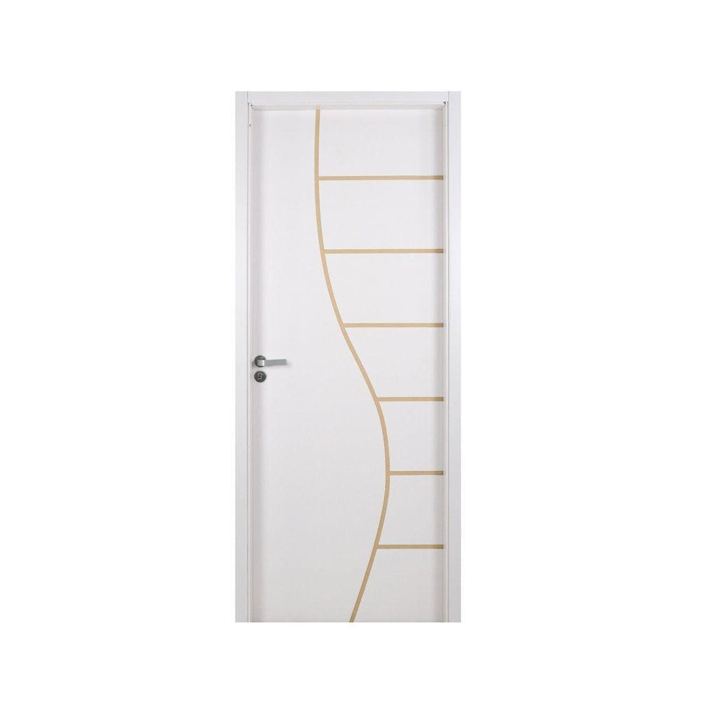 Kit Porta de Madeira Decorada 215x74cm com Batente de MDF Ultra 12cm Cantareira MGM Branco