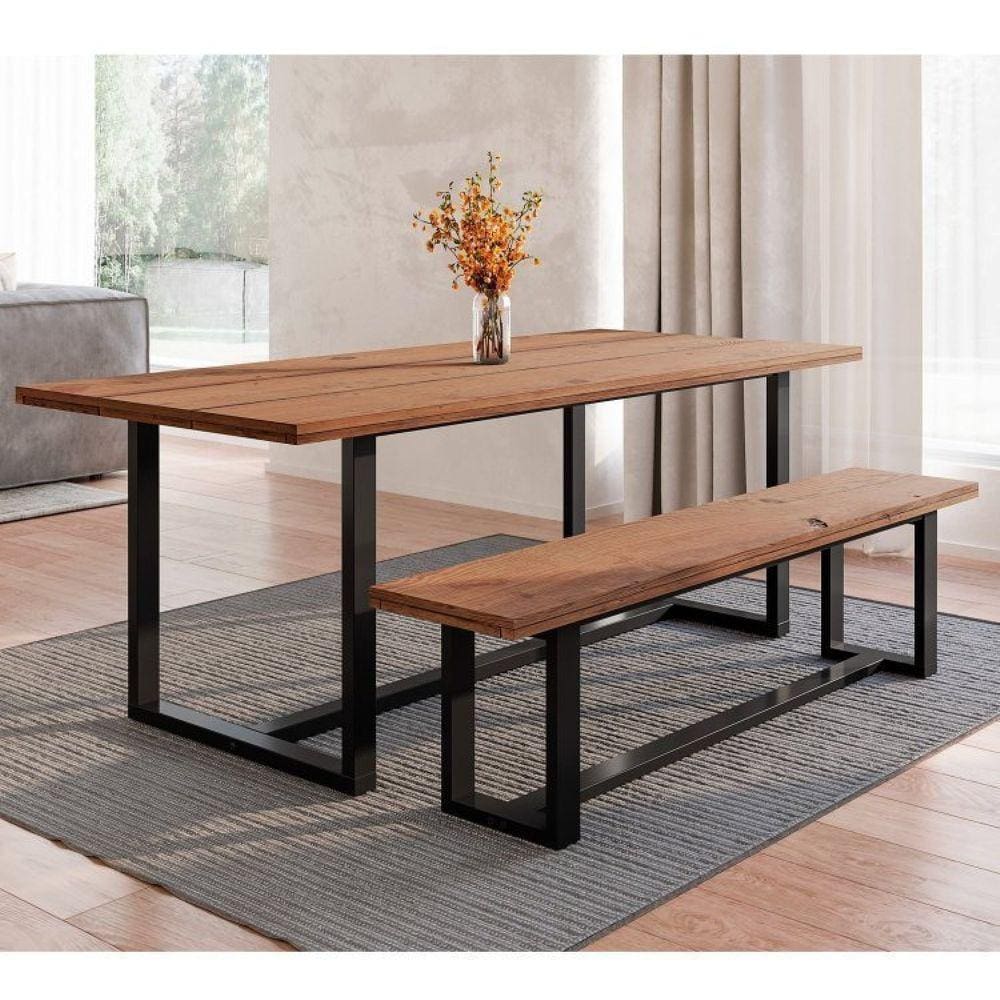 Conjunto de Jantar Mesa 210cm com Banco Rústico Industrial Lumber Yescasa Marrom/Preto