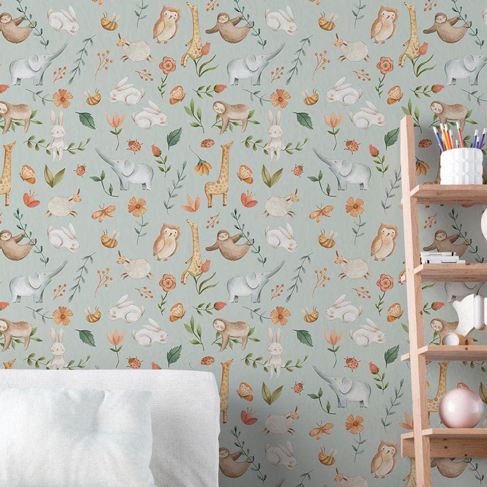 Papel De Parede Aquarela Verde Animais Safari Decorativo 3M