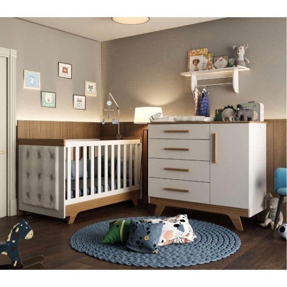 Conjunto para Quarto de Bebê com Cômoda de Bebê Berço com Capitone e Prateleira Retrô Móveis Peroba Branco Brilho/Carvalho/Corino Branco