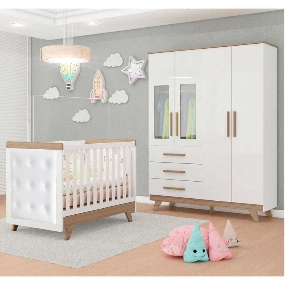 Conjunto para Quarto de Bebê com Guarda Roupa com Janela e Berço com Capitone Retrô Móveis Peroba Branco Brilho/Carvalho/Corino Branco