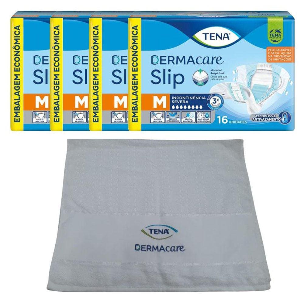 Kit 4 Fraldas Geriátricas Tena Dermacare Slip Ultra M com 16un + Toalha Dermcare Tena
