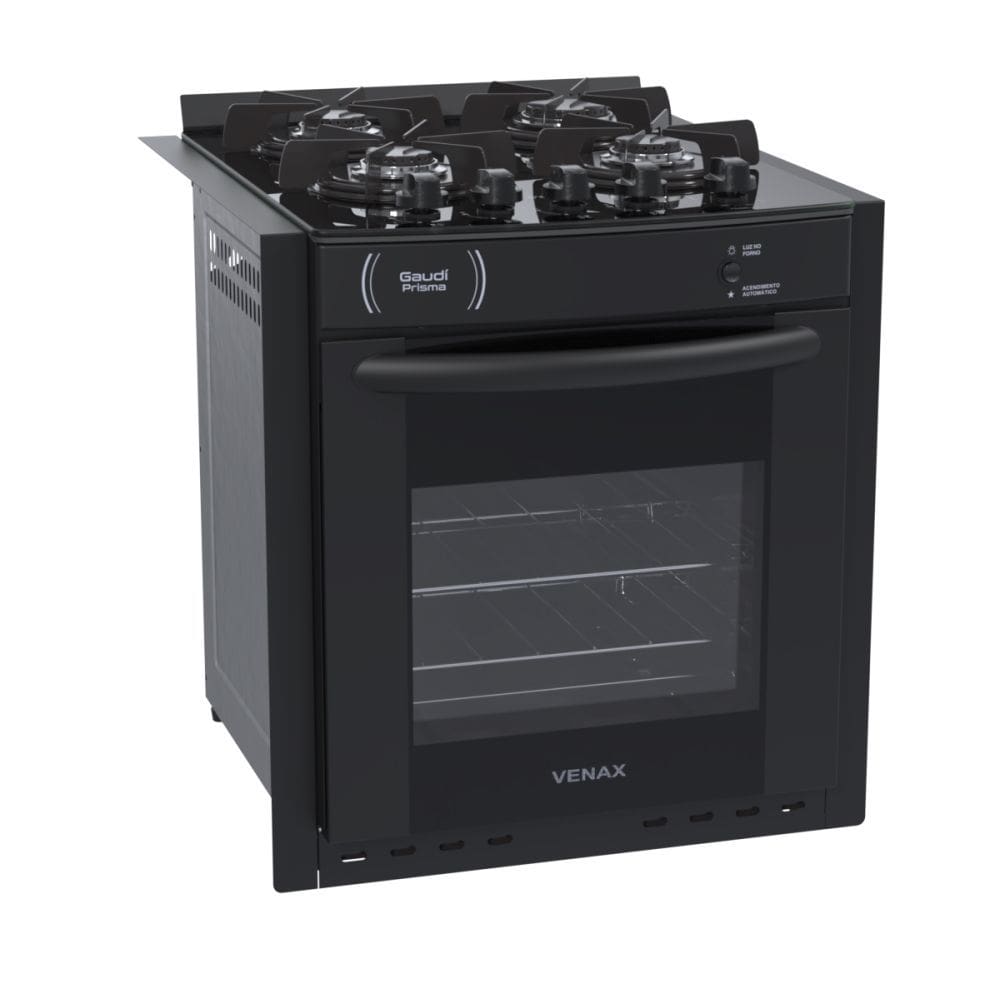 Fogão 4 Bocas de Embutir Venax Gaudi Prisma Vitreo Bl Preto Mesa em Vidro - Bivolt