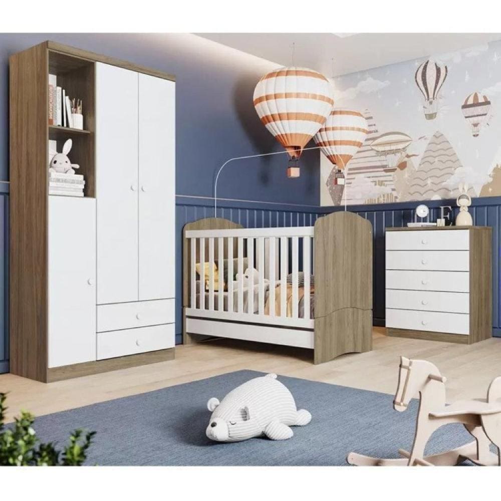 Quarto de Bebê com 1 Guarda Roupa 1 Cômoda e Berço 3 em 1 Abracadabra Espresso Móveis Rústico/Branco