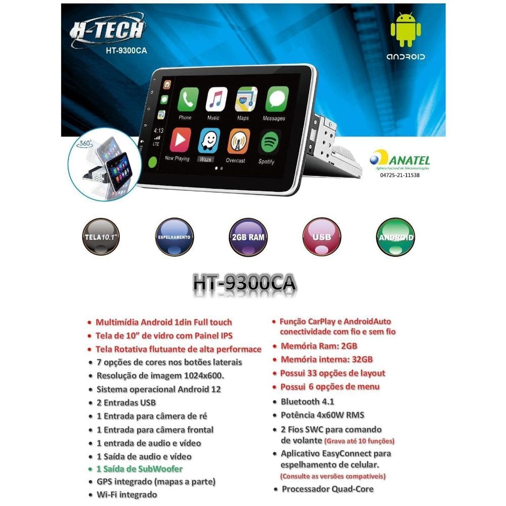 Central Multimidia H-Tech Tela 10.1 De Vidro 1Din Android 12