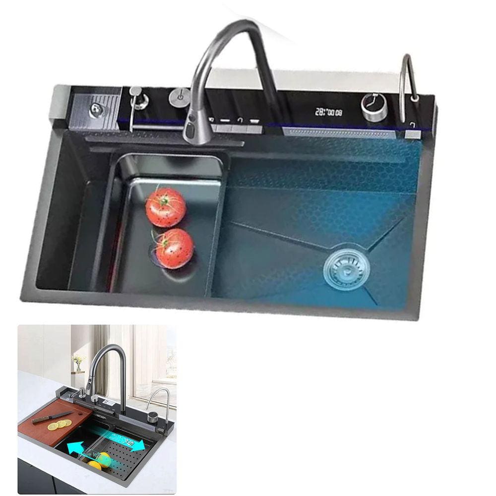 Cuba Gourmet Premium Luxo Pia Inox Cozinha Torneira Cascata Mangueira Agua Fria Quente Painel Monocomando