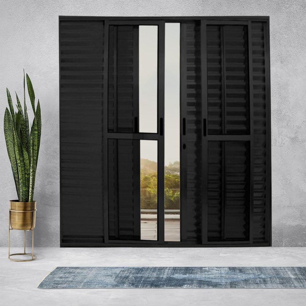 Porta Balcão de Alumínio 6 Folhas 210 x 200cm com Fechadura Linha 25 Preto
