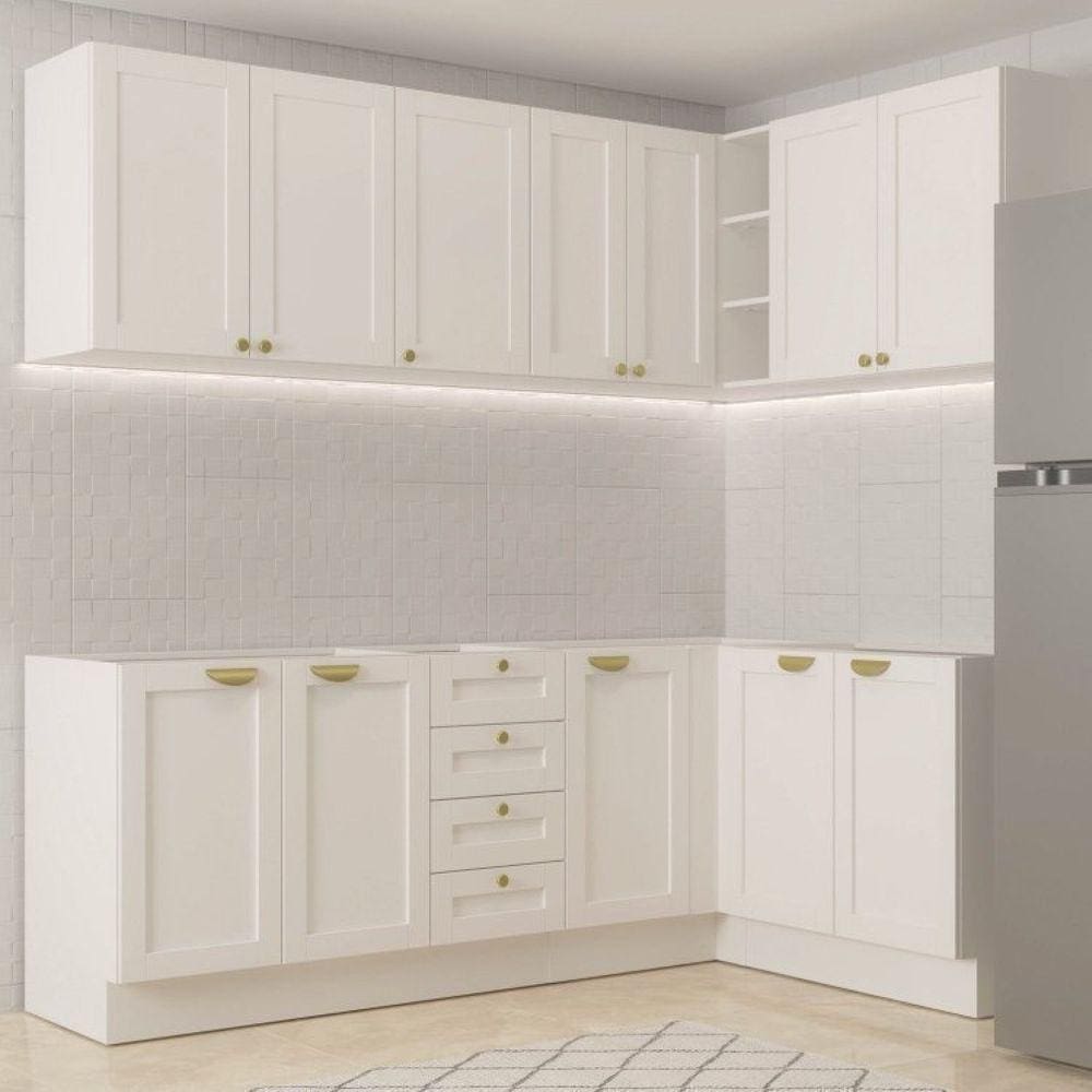 Cozinha Modulada 6 Peças sem Tampo 3 Armários Aéreos e Nichos, 3 Balcões Cabecasa Madeiramadeira Branco
