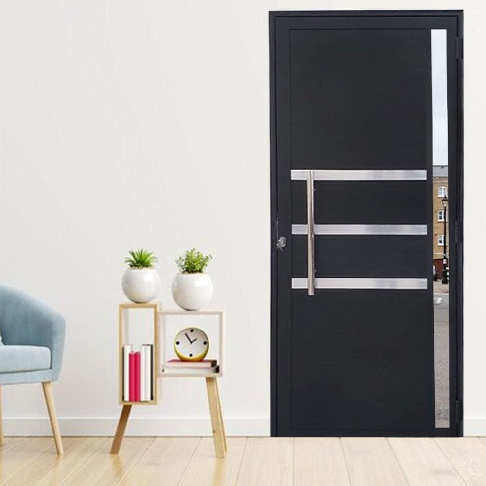 Porta Lambril de Alumínio 210 x 90cm com Friso e Visor Linha Veneza Lado Esquerdo Preto