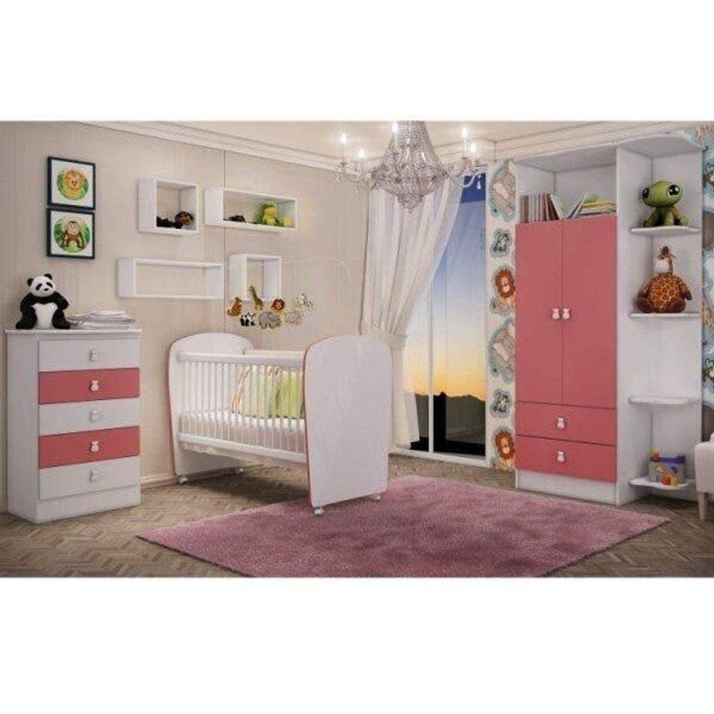 Quarto de Bebê Completo Leãozinho com Guarda Roupa 2 Portas, Cômoda e Berço Espresso Móveis Branco/Rosa