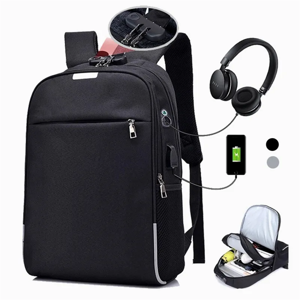 Mochila impermeável para laptop USB 20-35L de lona preta