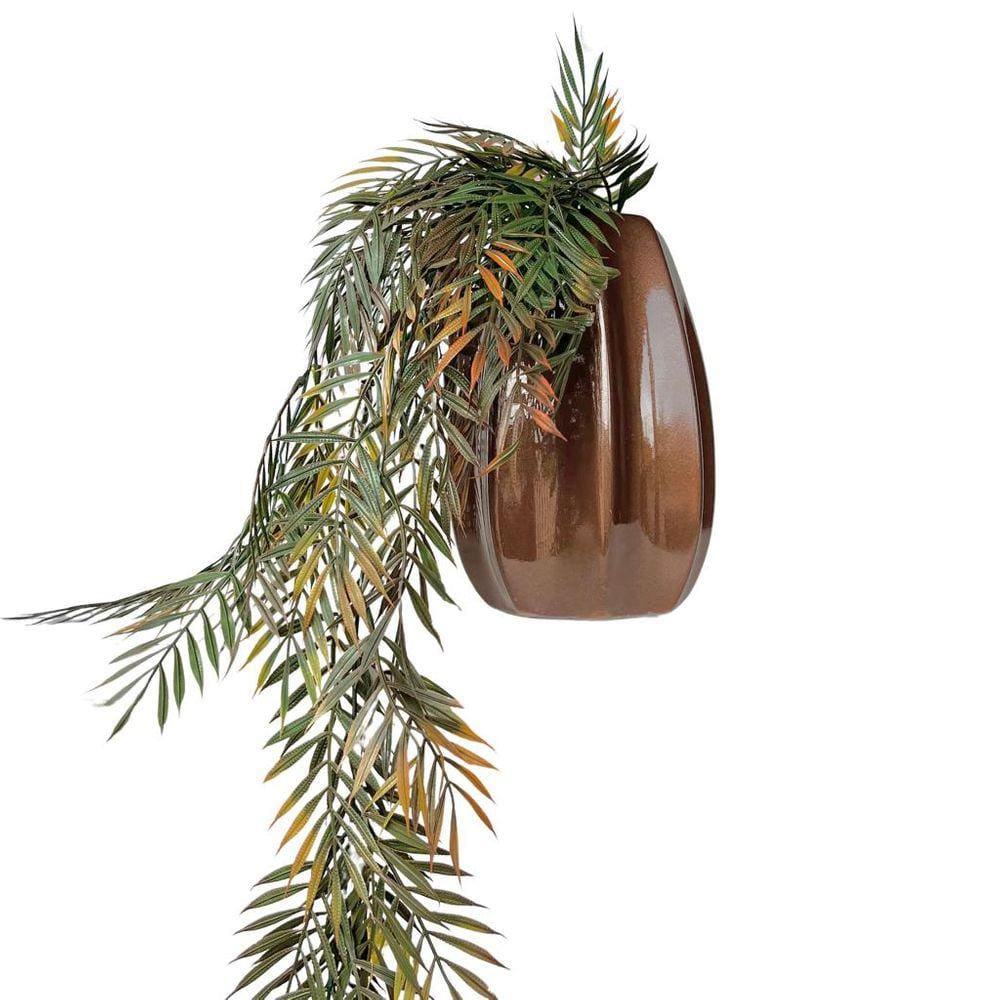 Vaso centro de mesa cobre trabalhado cerâmico com planta