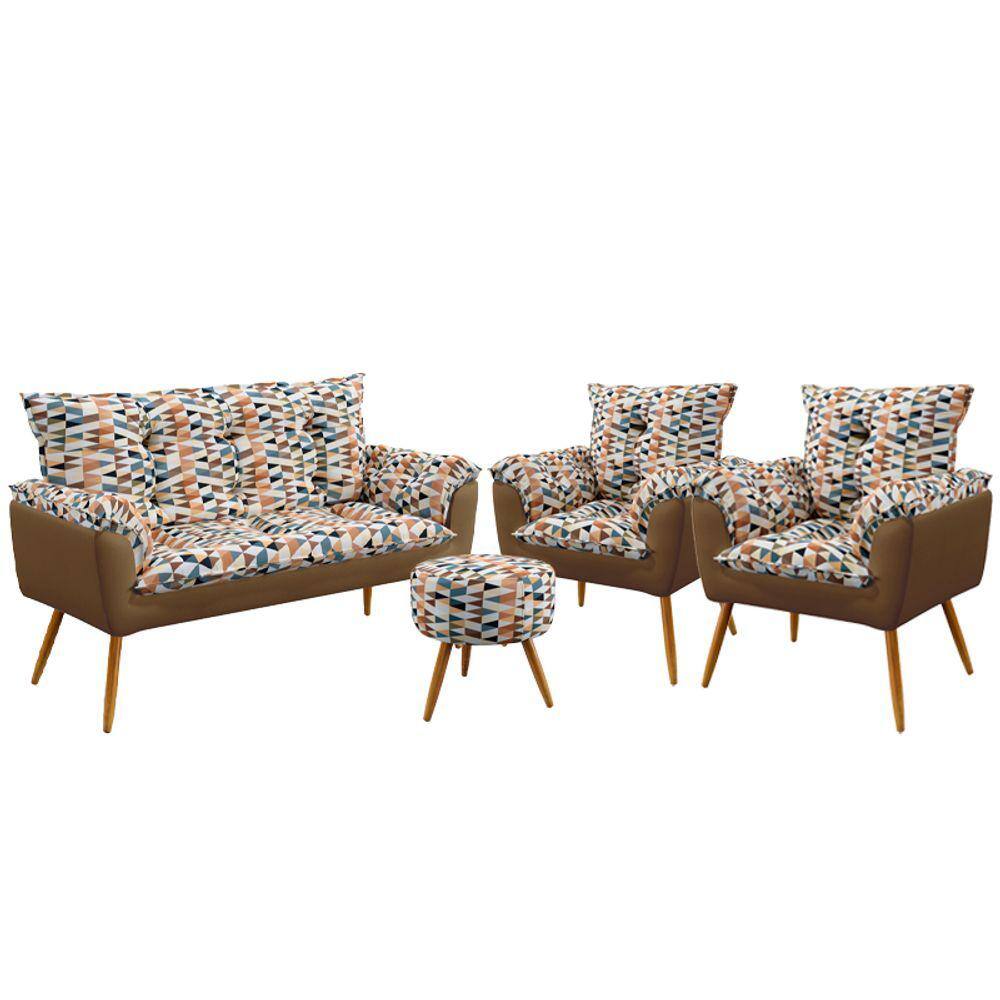 Namoradeira e 2 Poltronas Opala com Puff Solar F-014 Sued Estampado Bege com Sued Aradecor