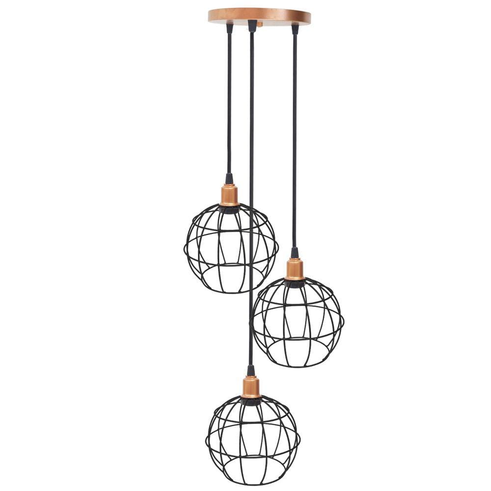Lustre Pendente Aramado Triplo Globo Cabo Regulável Luminária Agp Ilumini Retro