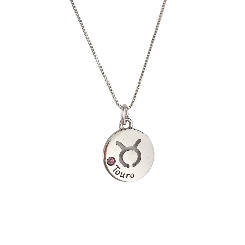 Colar de Signo Touro com Pingente de Medalha e Pedra Lilás