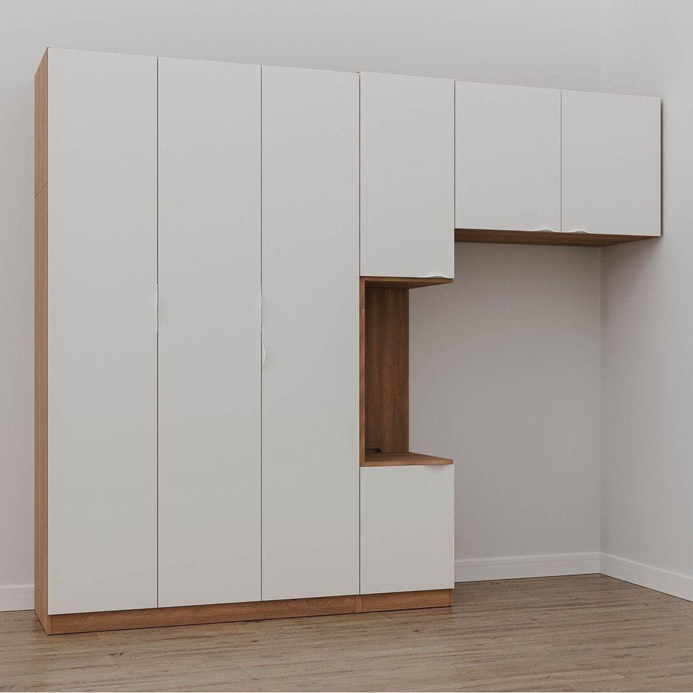 Guarda Roupa Modulado de Solteiro com Mesa de Cabeceira Esquerda 7 Portas 3 Peças Hera Cabecasa Made Louro/Branco Geada/Cromado
