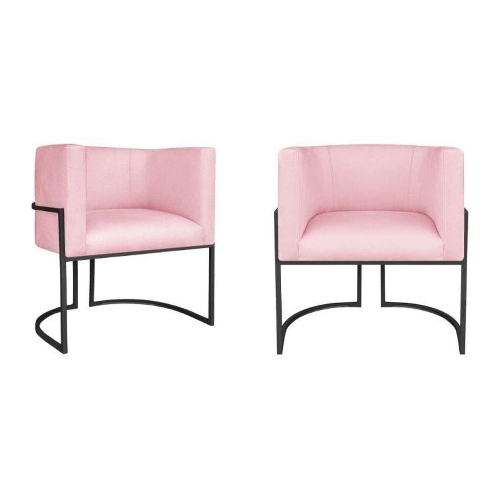 Kit 2 Poltrona Decorativa Base de Ferro Suede Munique Rosa Bebê/Preto