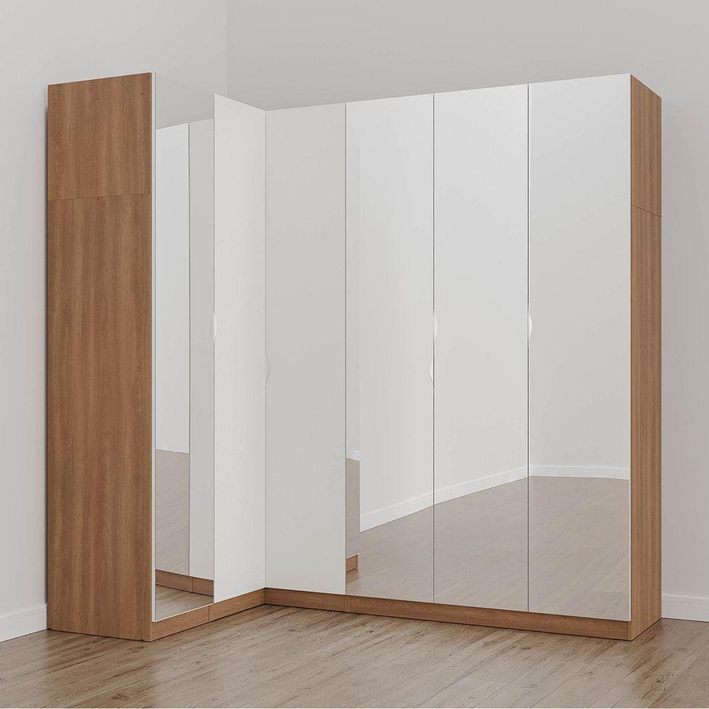 Guarda Roupa Modulado de Canto com Espelho 6 Portas 3 Peças Hera Cabecasa Madeiramadeira Louro/Branco Geada/Cromado